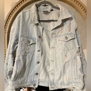 Arula Light Blue Denim Jacket Pearl Sleeves NWT